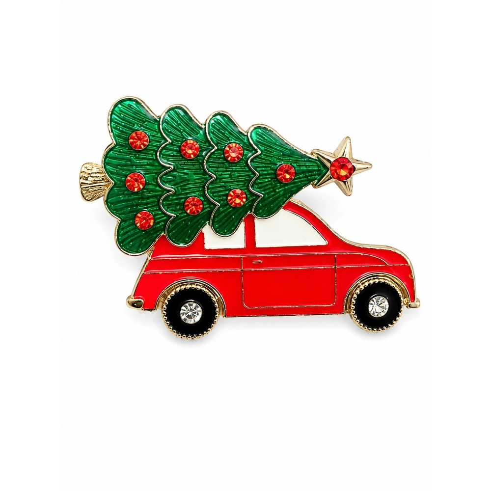 New Christmas Car Brooch Red Enamel Tree Rhinestone Holiday Pin Festive Gift